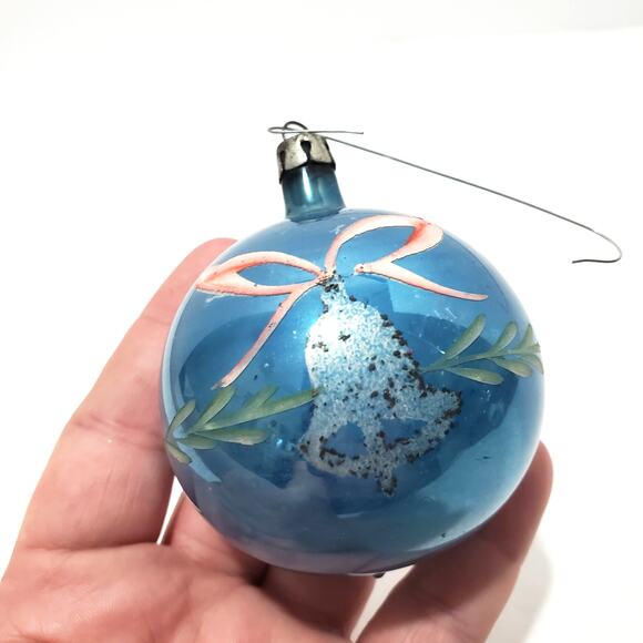 Vtg Hand Blown Blue Silver Glass Christmas Ornament Glitter Bell Poland Pink Bow - Picture 2 of 8